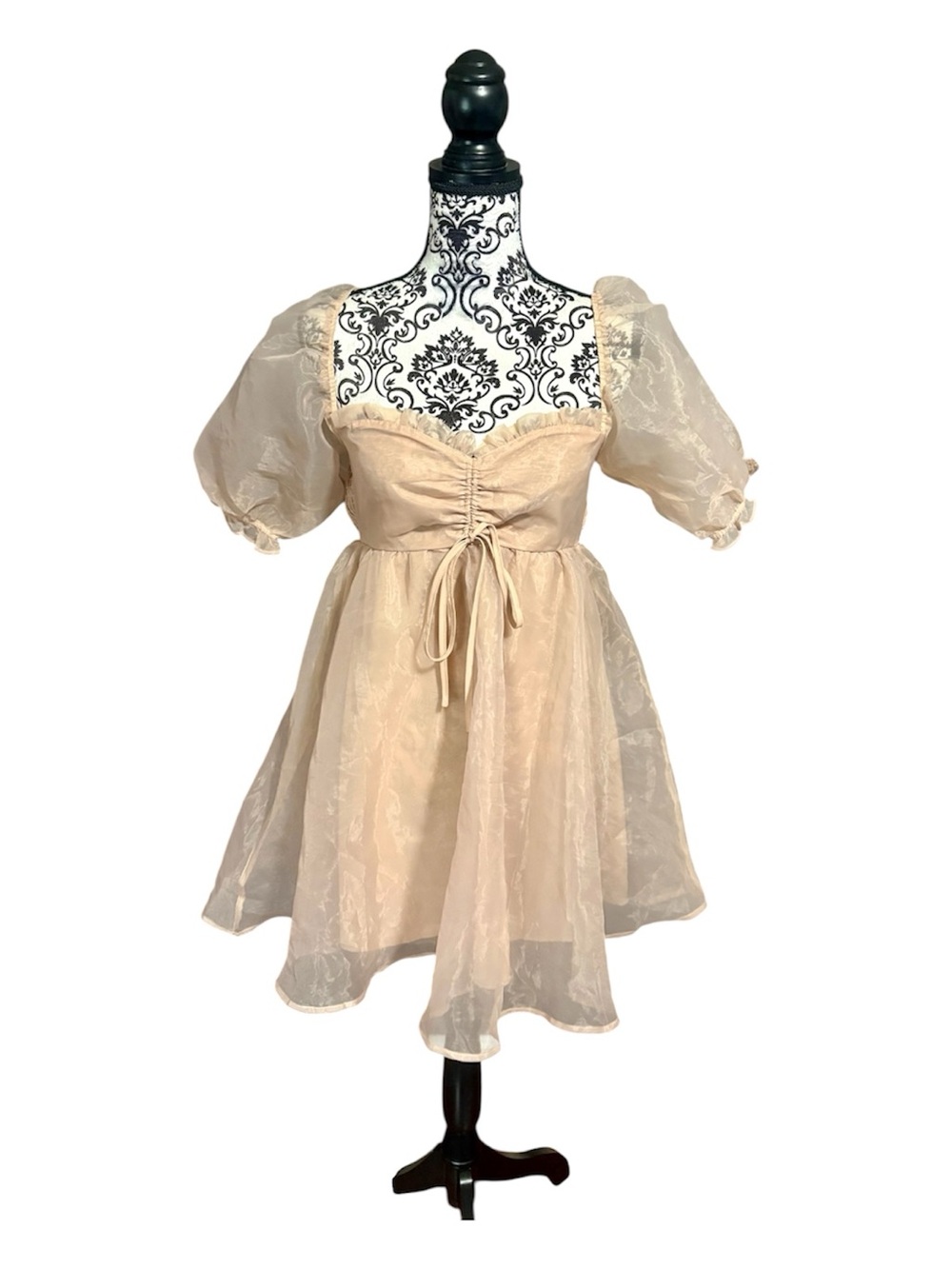 MABLE Beige Organza Puff-Sleeve Babydoll Mini Dress